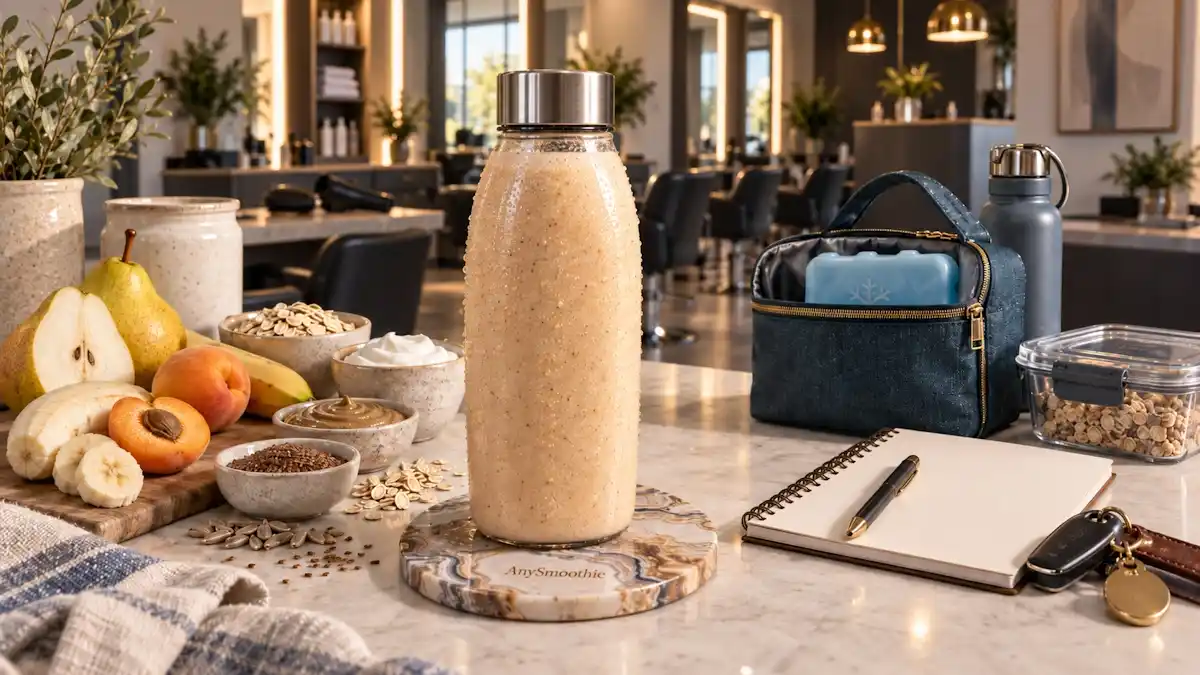 Golden pear, banana, apricot, oat, skyr, sunflower seed butter, and flaxseed smoothie for smoothies for hairdressers.