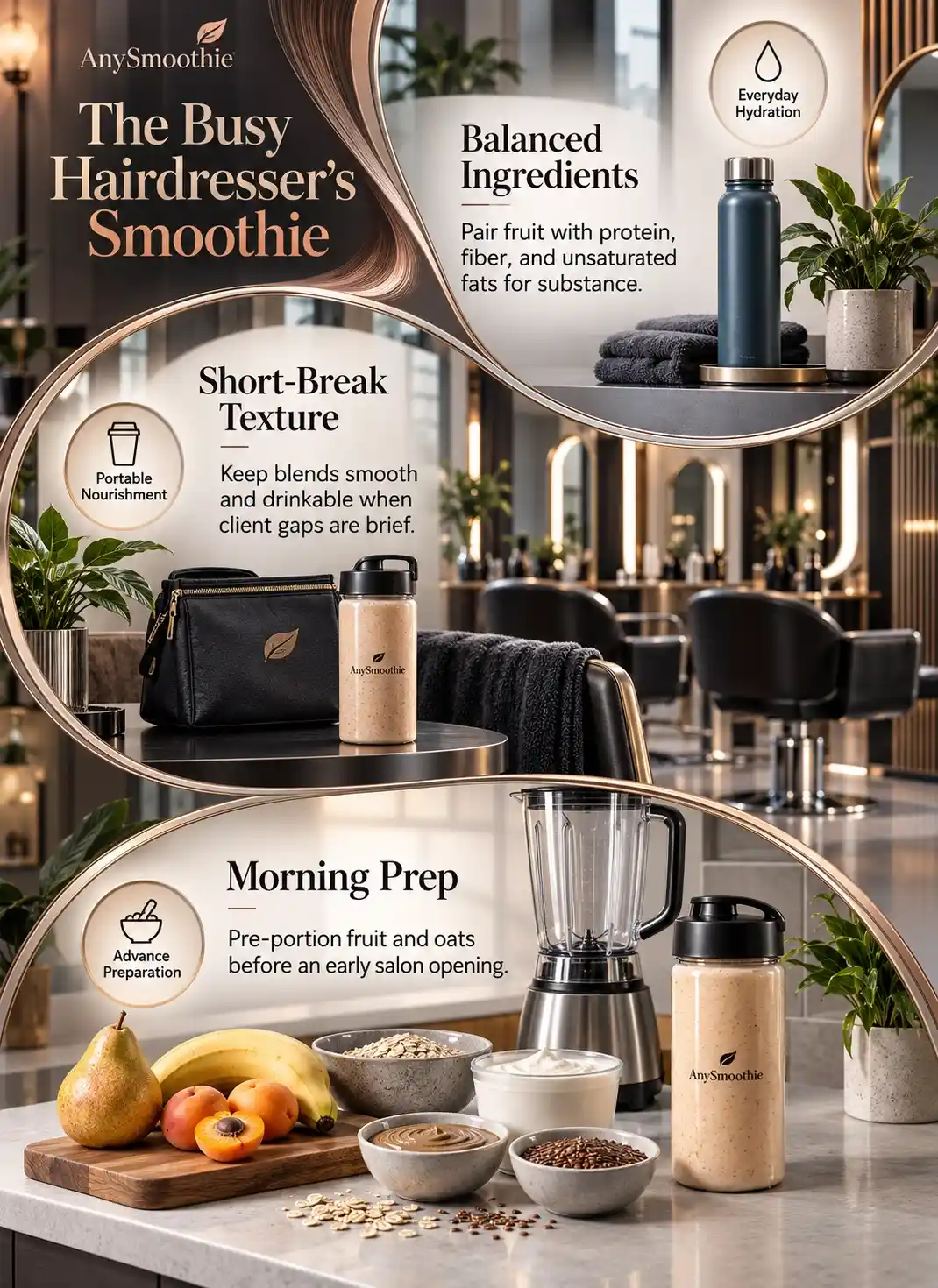 Smoothies for hairdressers infographic featuring a portable golden pear, banana, apricot, oat, skyr, sunflower seed butter, and flaxseed smoothie.