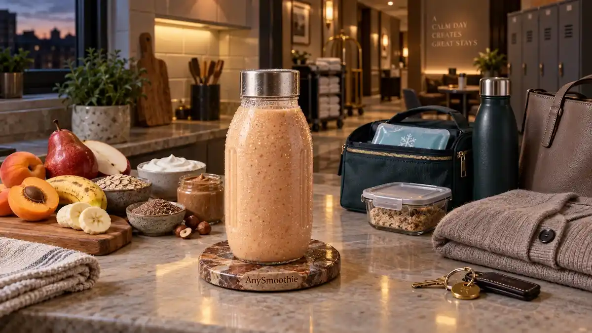Portable apricot, red pear, banana, oat, skyr, hazelnut butter, and flaxseed smoothie in a reusable bottle on an AnySmoothie coaster in a home kitchen with a softly blurred hotel staff break-area background, illustrating smoothies for hotel workers.