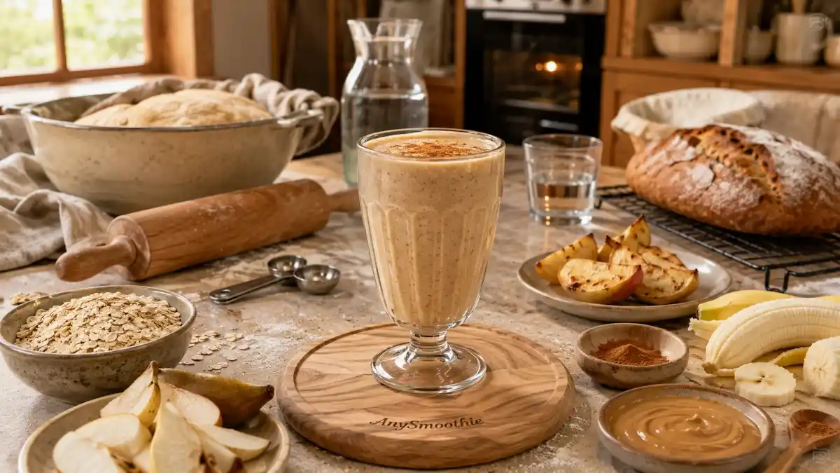 Bosc pear, banana, baked apple, oat, Greek yogurt and hazelnut butter smoothie for long home baking days