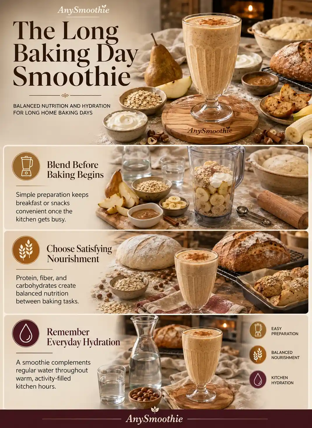Infographic about smoothies for long home baking days with balanced nourishment, easy preparation and everyday hydration