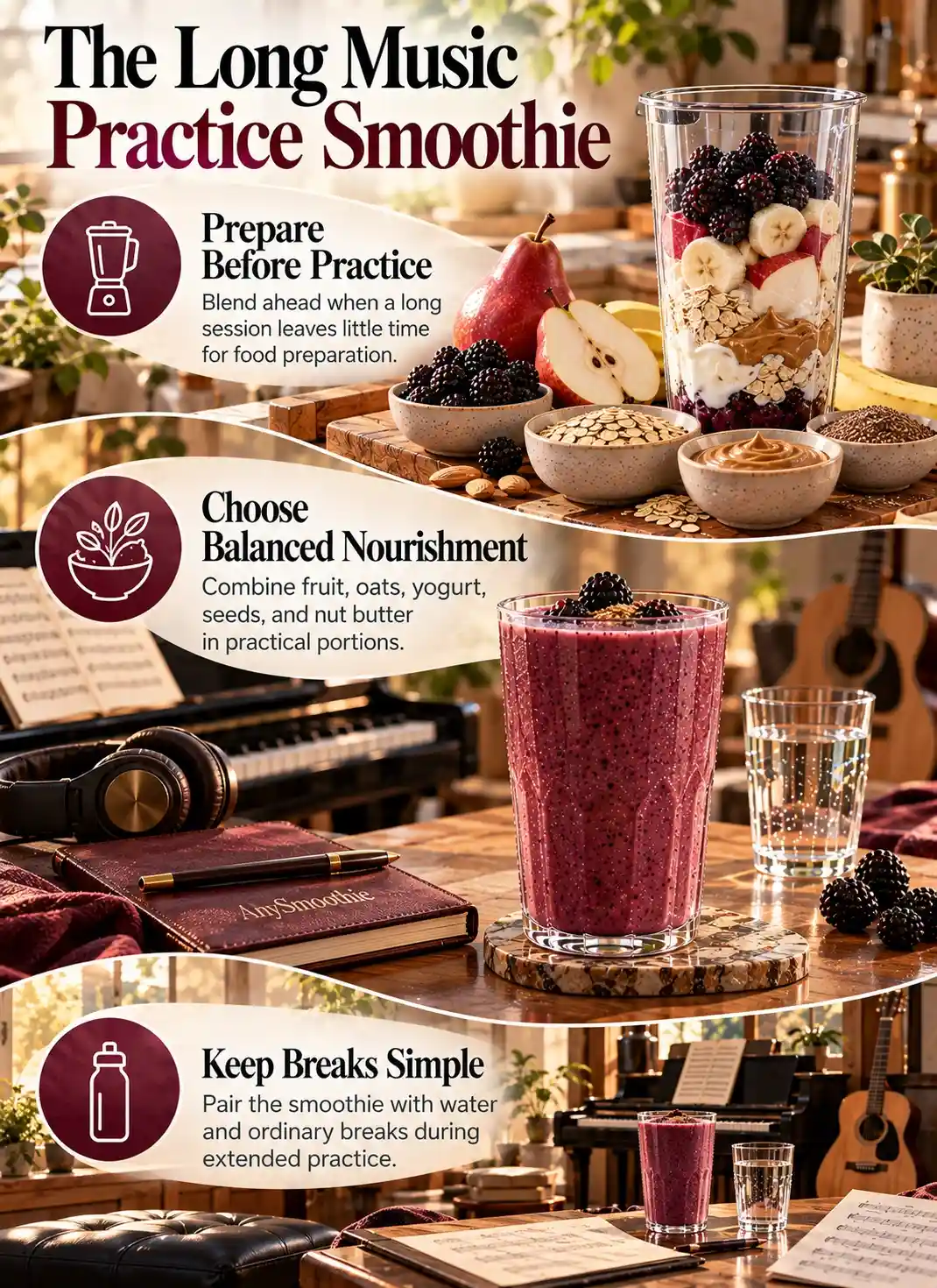 Smoothies for long music practice sessions infographic featuring a blackberry-plum smoothie, balanced whole-food ingredients, water, and practical breaks in a home music practice setting.