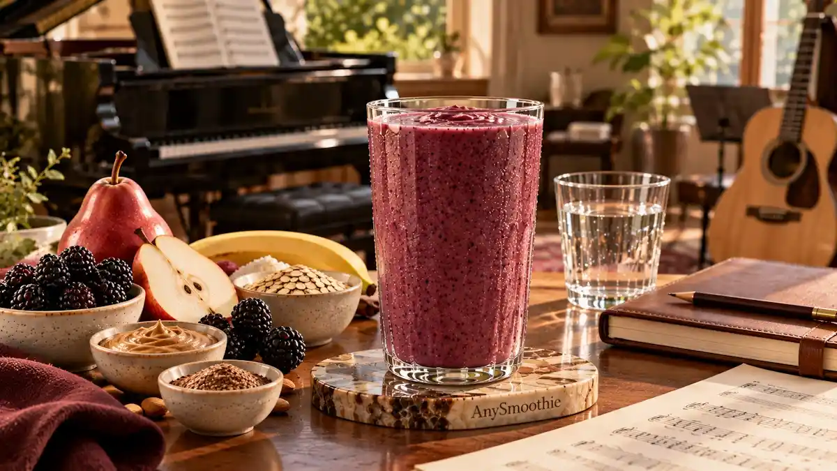 Smoothies for long music practice sessions featuring a creamy blackberry, red pear, banana, oat, Greek yogurt, almond butter, and flaxseed smoothie in a refined home music room.