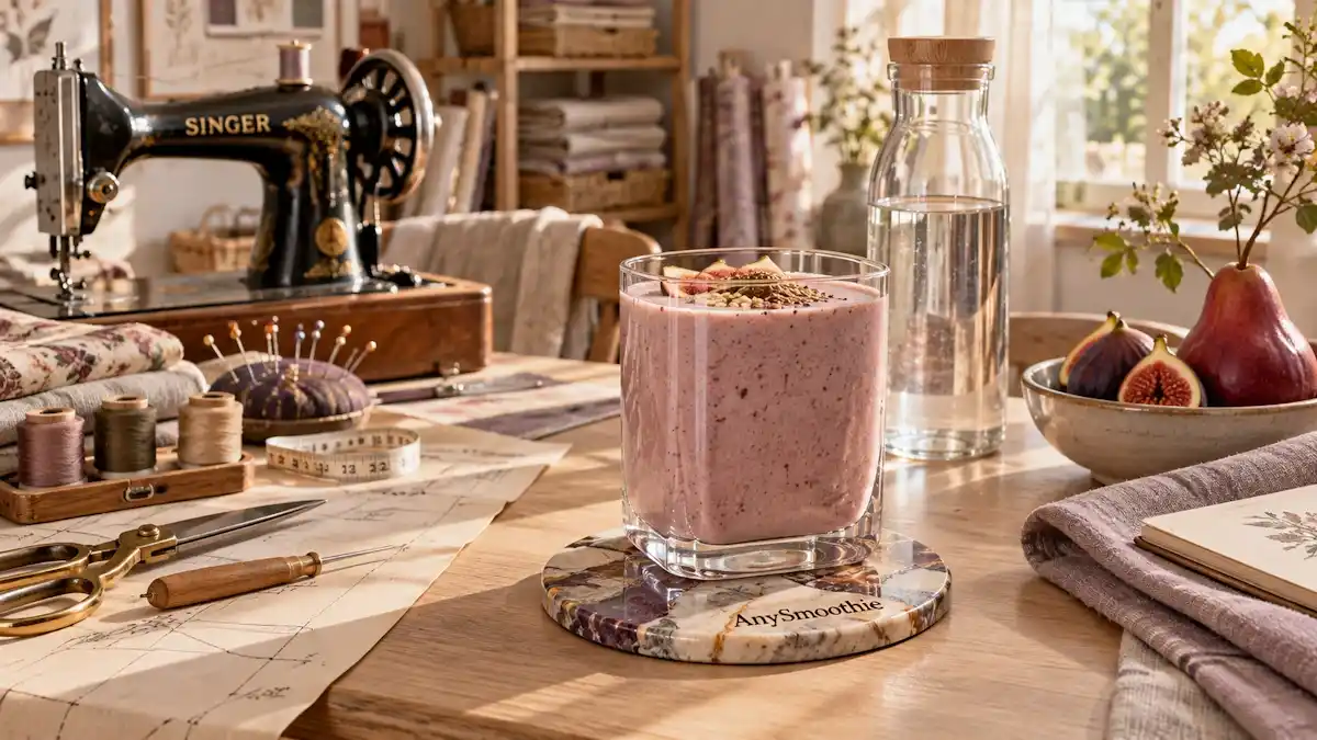 Smoothie for long sewing sessions with fig, red pear, banana, oats, skyr, almond butter, and flaxseed in a sunlit sewing studio beside a sewing machine and water bottle.