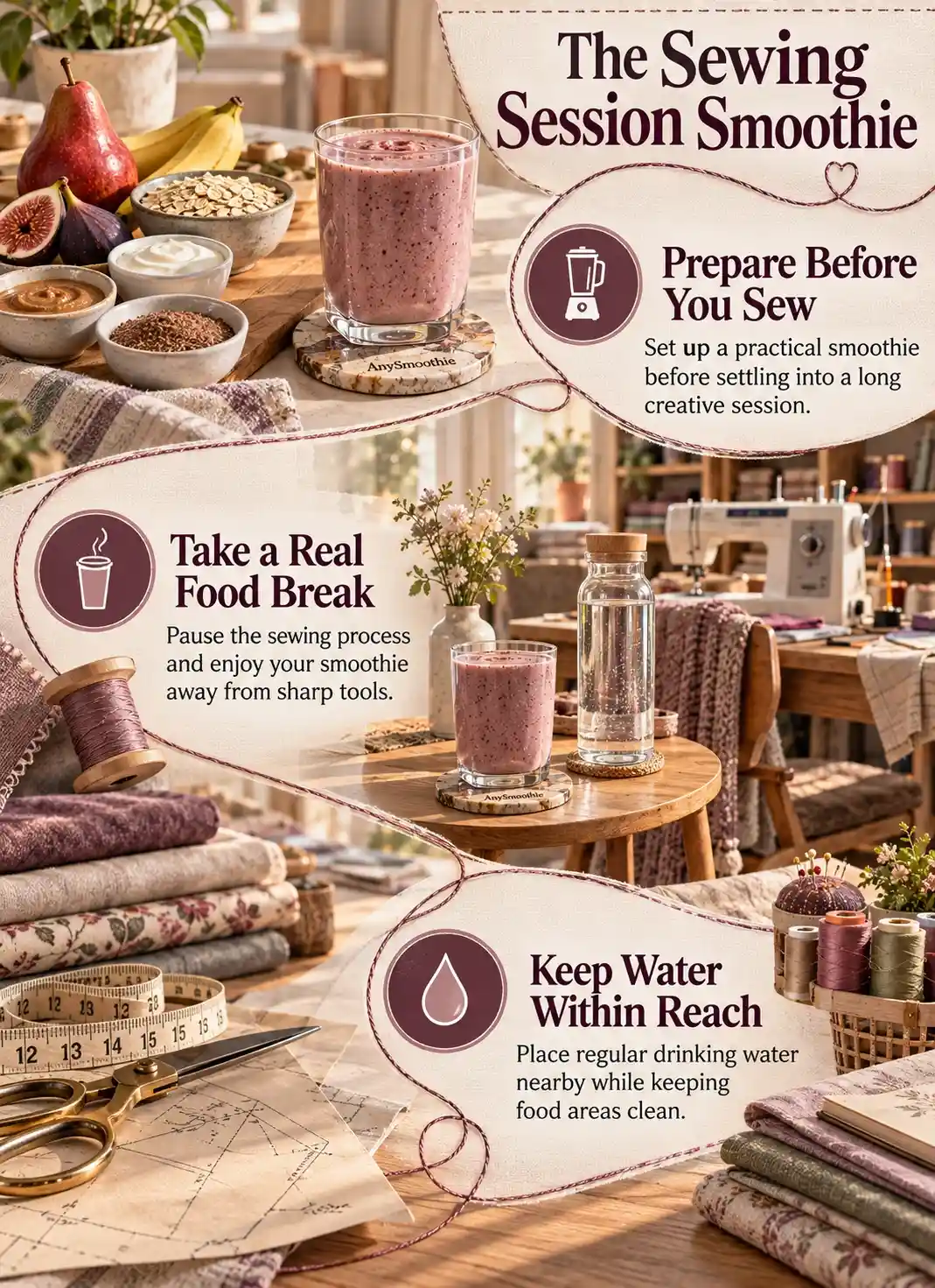 Infographic about smoothies for long sewing sessions featuring a dusty-plum smoothie, food preparation, a dedicated food break, regular water, and a clean organized sewing studio.