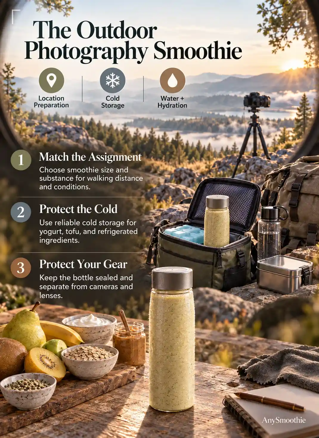 Smoothies for outdoor photography infographic featuring golden kiwi, green pear, banana, oats, skyr, almond butter, and hemp seed smoothie preparation.