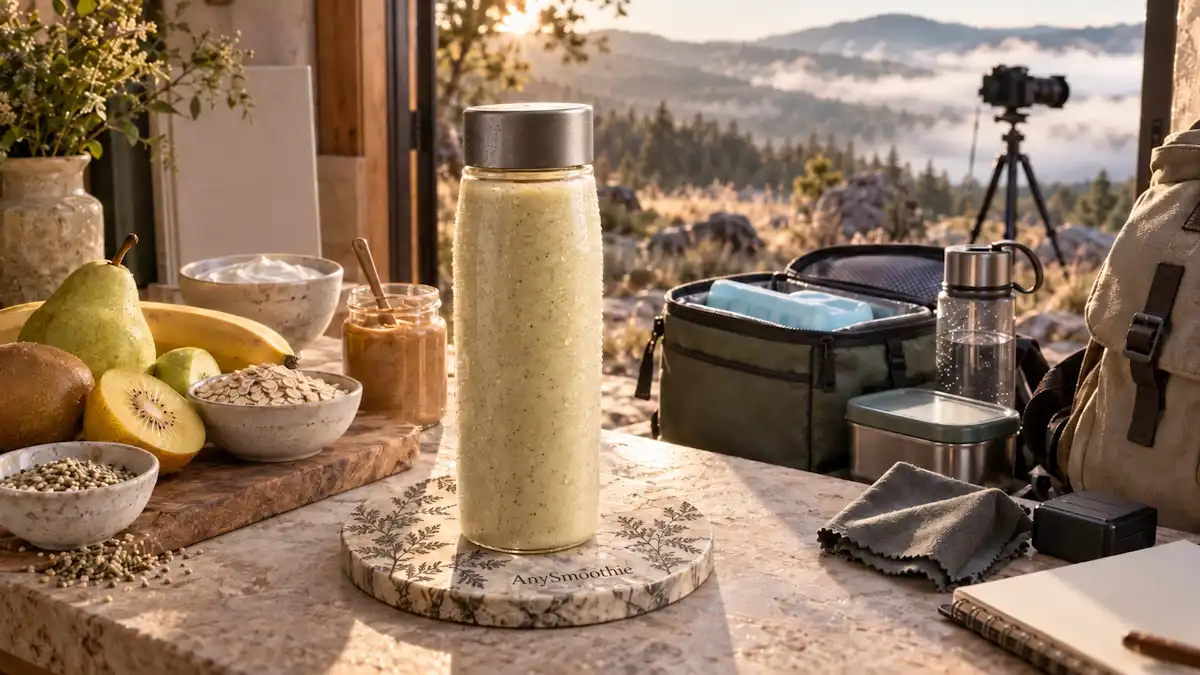 Golden kiwi, green pear, banana, oat, skyr, almond butter, and hemp seed smoothie for smoothies for outdoor photography.