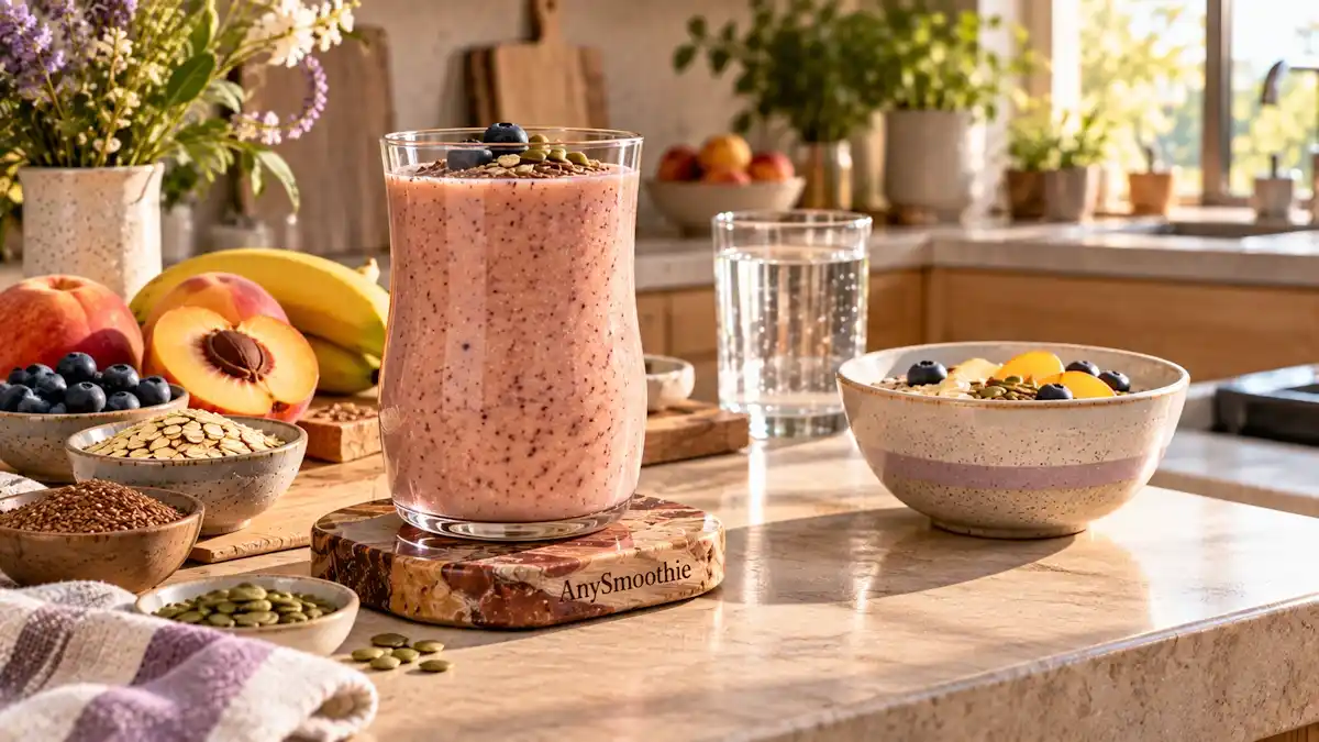 Smoothies for perimenopause featuring a creamy peach, blueberry, banana, oat, Greek yogurt, almond butter, flaxseed, and pumpkin seed smoothie in a calm contemporary kitchen.