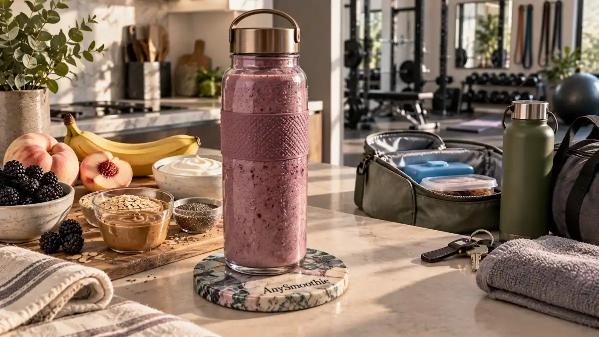 Smoothie for personal trainers made with blackberry, white peach, banana, oats, plain skyr, almond butter, and chia seeds, presented in a reusable bottle beside a water bottle and gym equipment.
