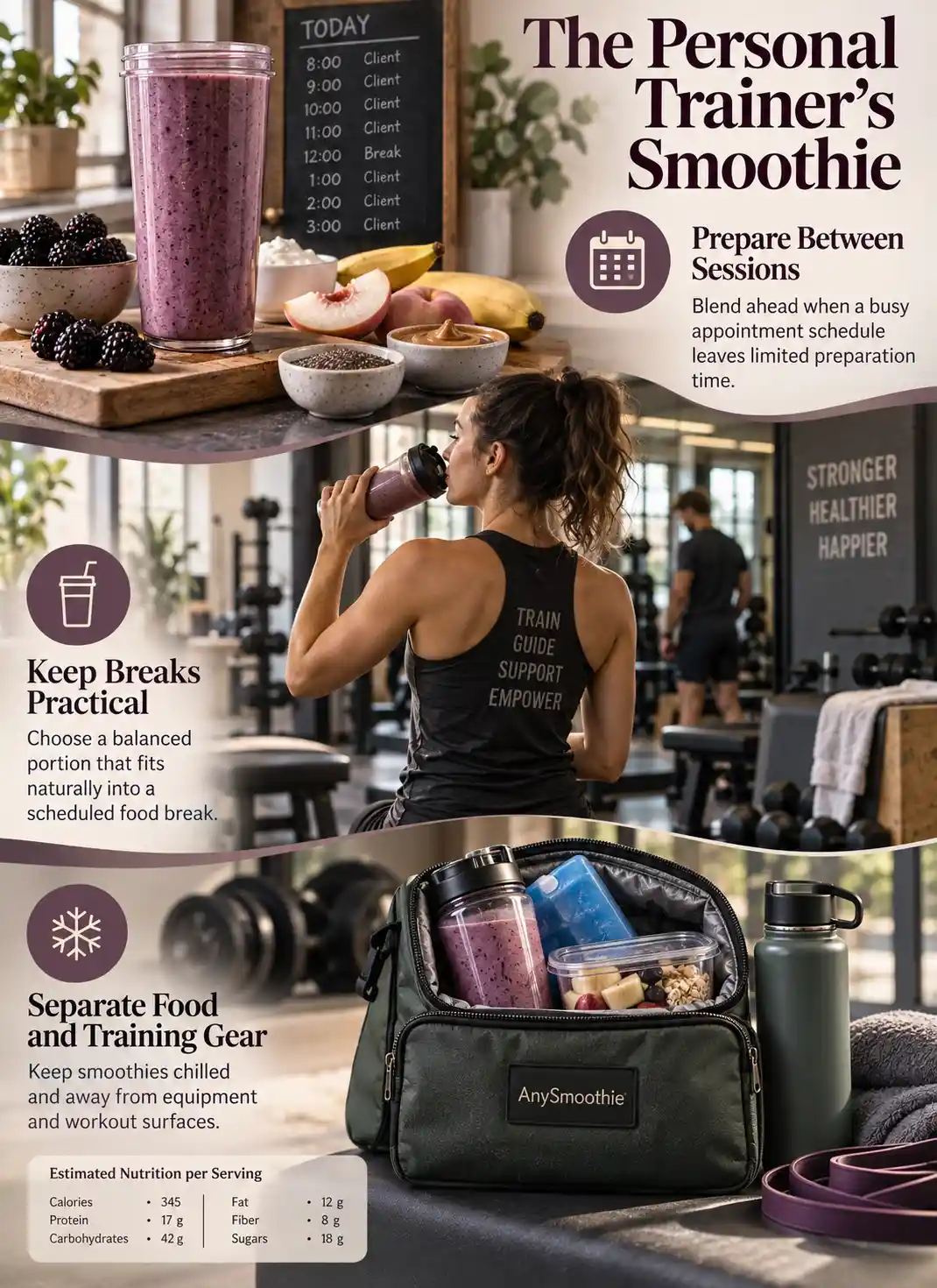 Smoothies for personal trainers infographic featuring a blackberry, white peach, banana, oats, skyr, almond butter, and chia smoothie with practical preparation, work-break, and food-safety guidance.