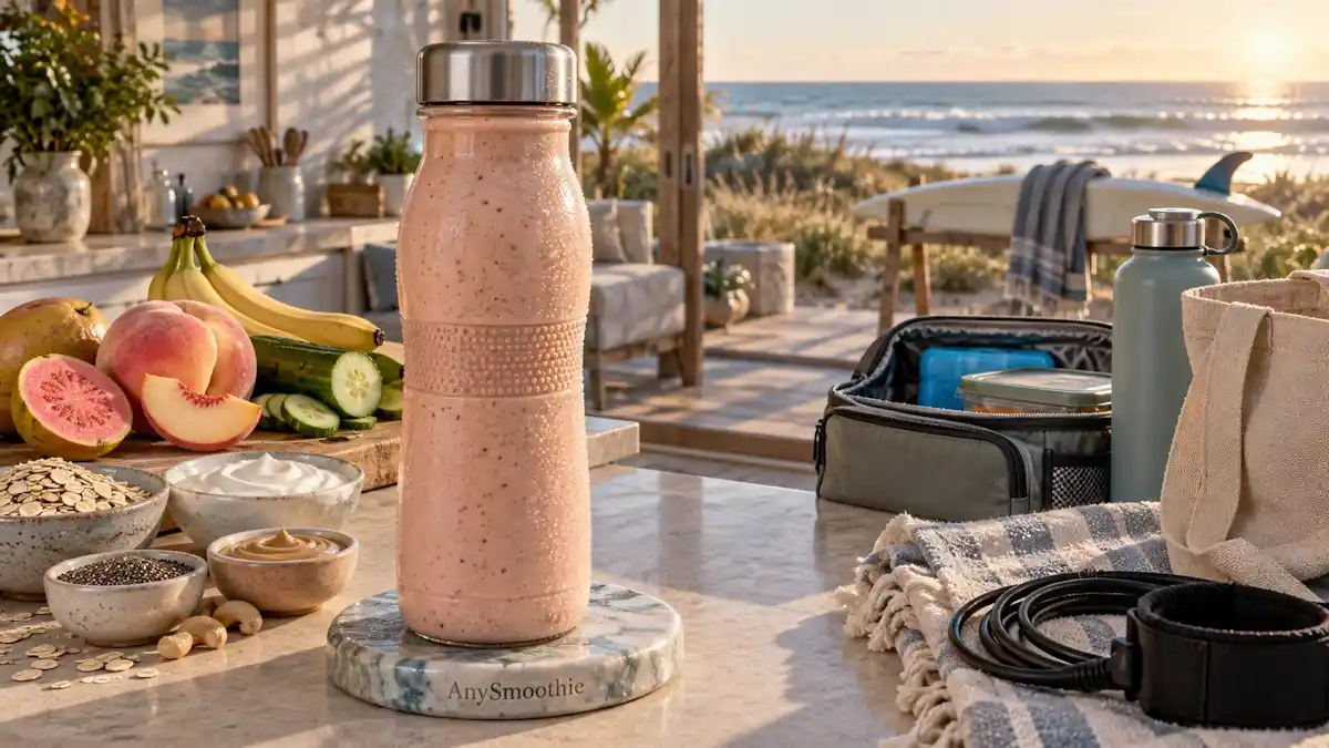 Portable pink guava, white peach, banana, cucumber, oats, skyr, cashew butter, and chia smoothie in a reusable bottle on a coastal kitchen counter, ideal for smoothies for surfing sessions.