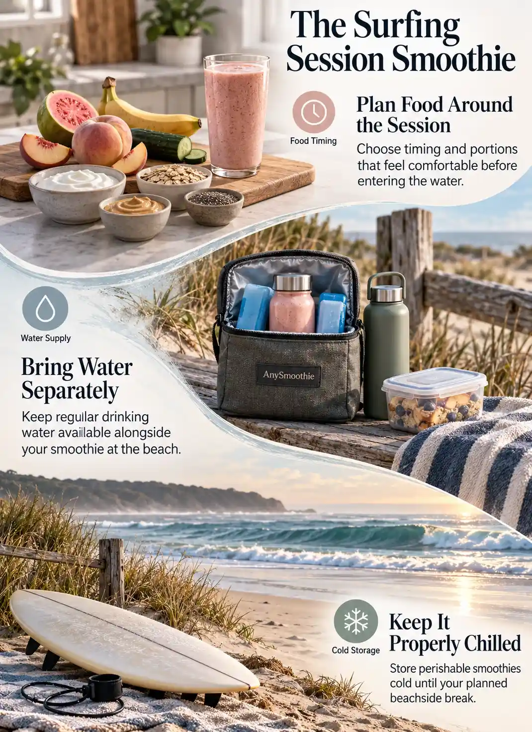 Smoothies for surfing sessions infographic featuring pink guava, white peach, banana, cucumber, oats, skyr, cashew butter, and chia seed smoothie planning.