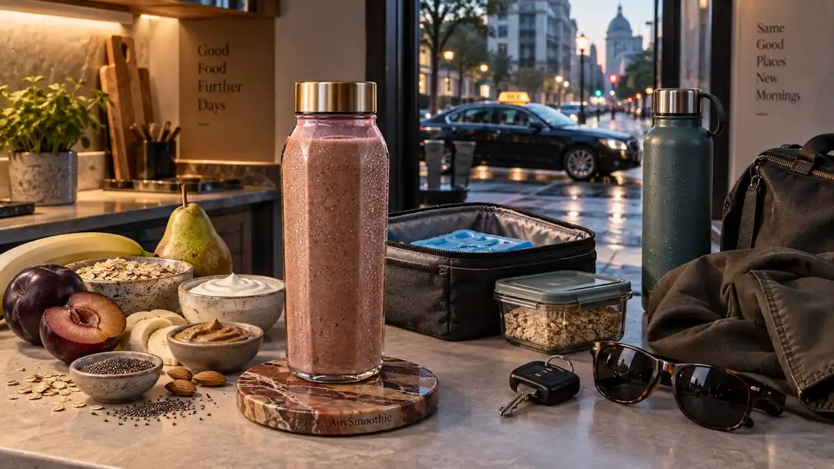 Black plum, banana, pear, oats, skyr, almond butter, and chia seed smoothie for smoothies for taxi drivers.