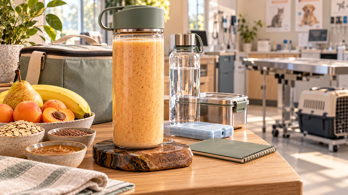 Smoothies for veterinarians featuring a creamy apricot, yellow pear, banana, oat, Greek yogurt, almond butter, and flaxseed smoothie in a veterinary clinic staff break area.
