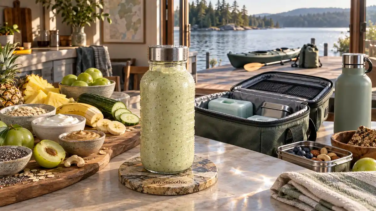 Green plum, pineapple, banana, cucumber, oat, skyr, cashew butter, and chia smoothie for smoothies for weekend kayaking.
