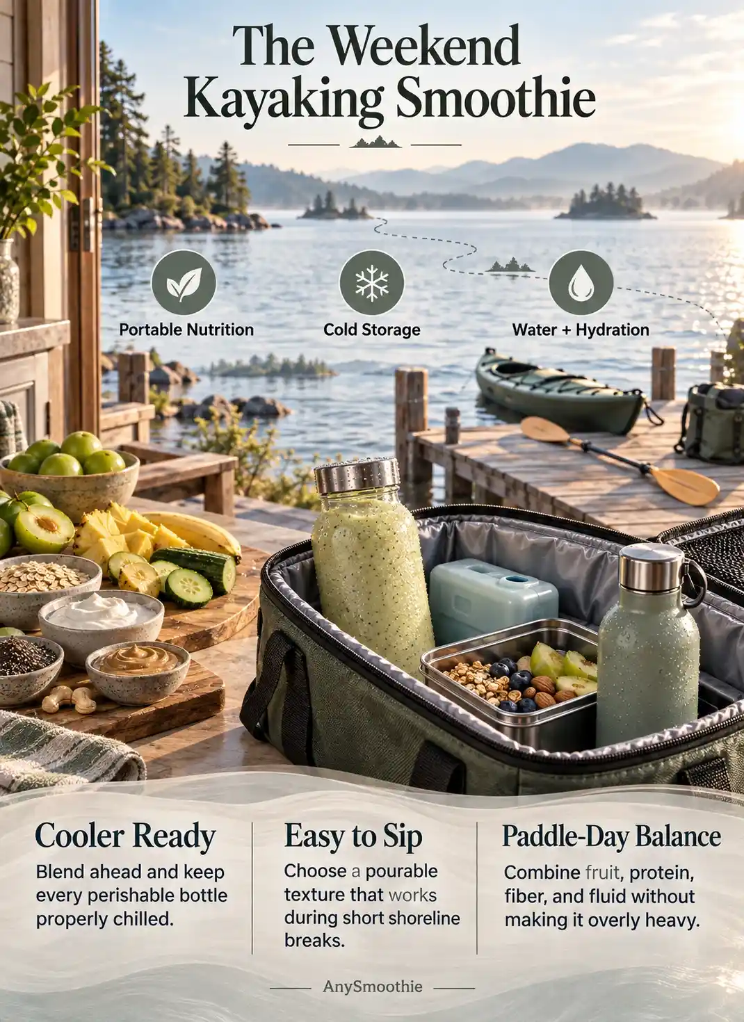 Smoothies for weekend kayaking infographic featuring a green plum, pineapple, banana, cucumber, oat, skyr, cashew butter, and chia seed smoothie.