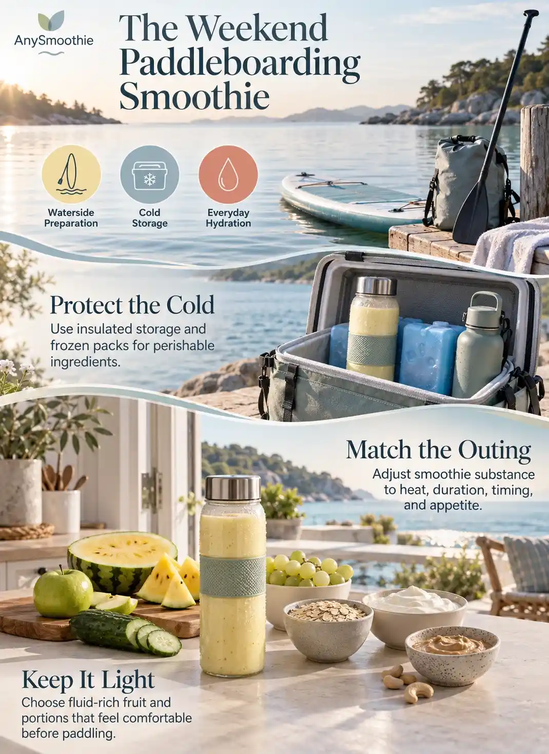 Smoothies for weekend paddleboarding infographic featuring yellow watermelon, green apple, white grapes, cucumber, oats, skyr, and cashew butter.