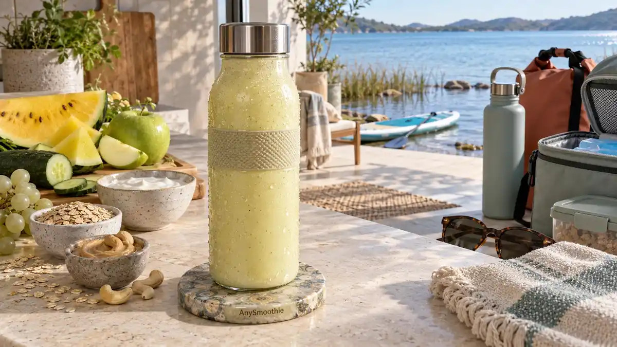 Yellow watermelon, green apple, white grapes, cucumber, oat, skyr, and cashew butter smoothie for smoothies for weekend paddleboarding.