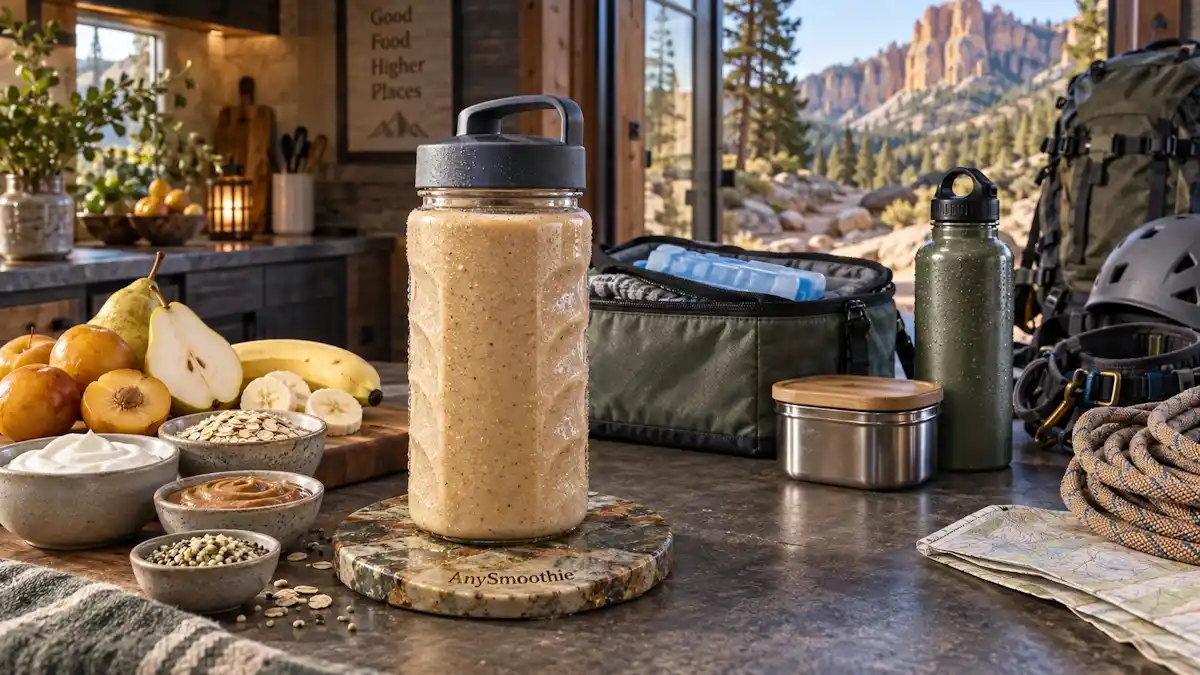 Portable smoothie for weekend rock climbing in a mountain cabin kitchen, made with golden plum, pear, banana, oats, skyr, almond butter, and hemp seeds, with cooler bag and water bottle nearby.