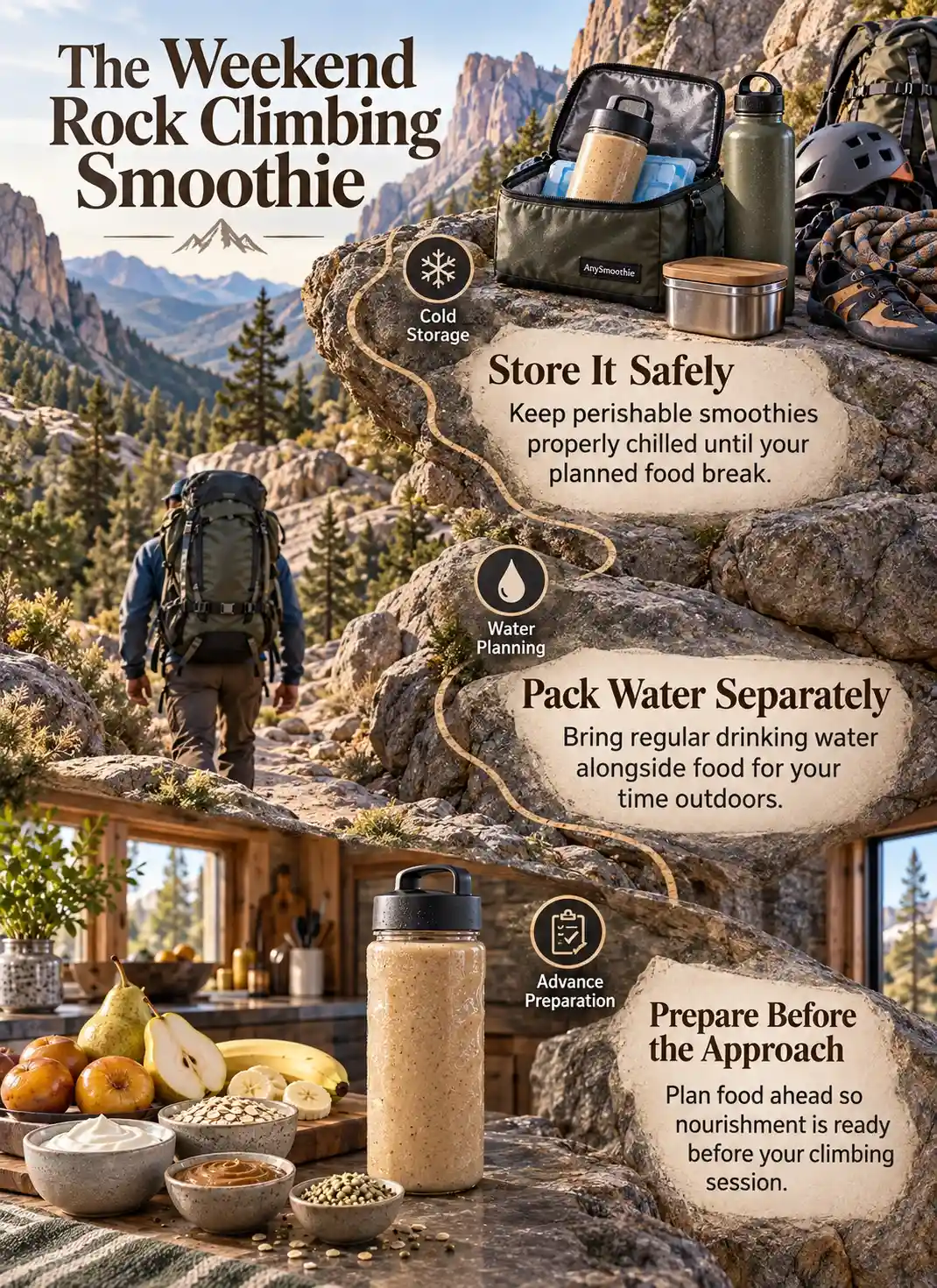Infographic for smoothies for weekend rock climbing showing portable smoothie planning, separate water packing, and safe cold storage for a recreational climbing outing.