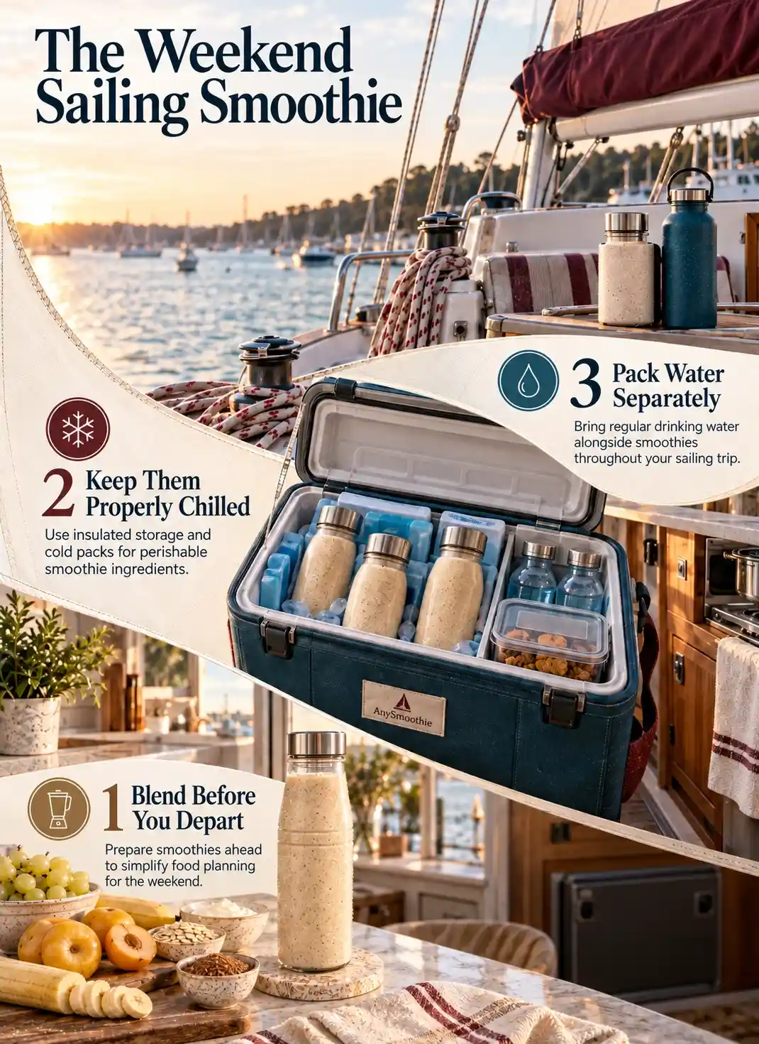 Smoothies for weekend sailing trips infographic featuring white grapes, yellow plum, banana, oats, skyr, macadamia butter, and flaxseed.