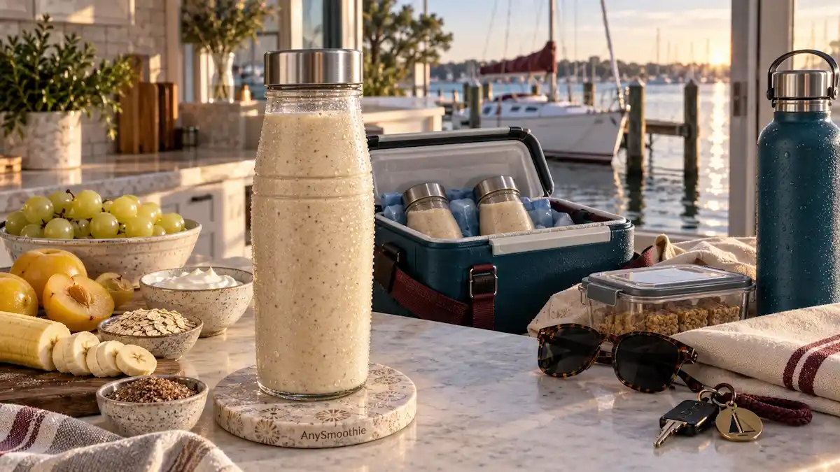 White grape, yellow plum, banana, oat, skyr, macadamia butter, and flaxseed smoothie for smoothies for weekend sailing trips.