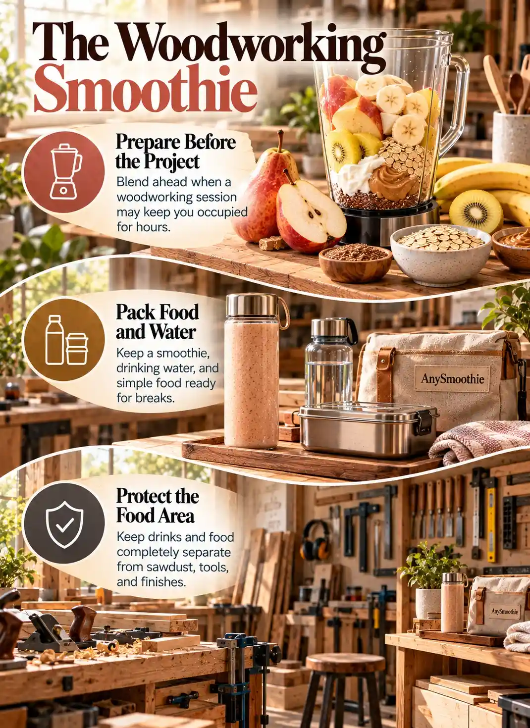 Smoothies for woodworking projects infographic showing smoothie preparation, packed food and water, and a clean refreshment area separated from sawdust, tools, and woodworking finishes.
