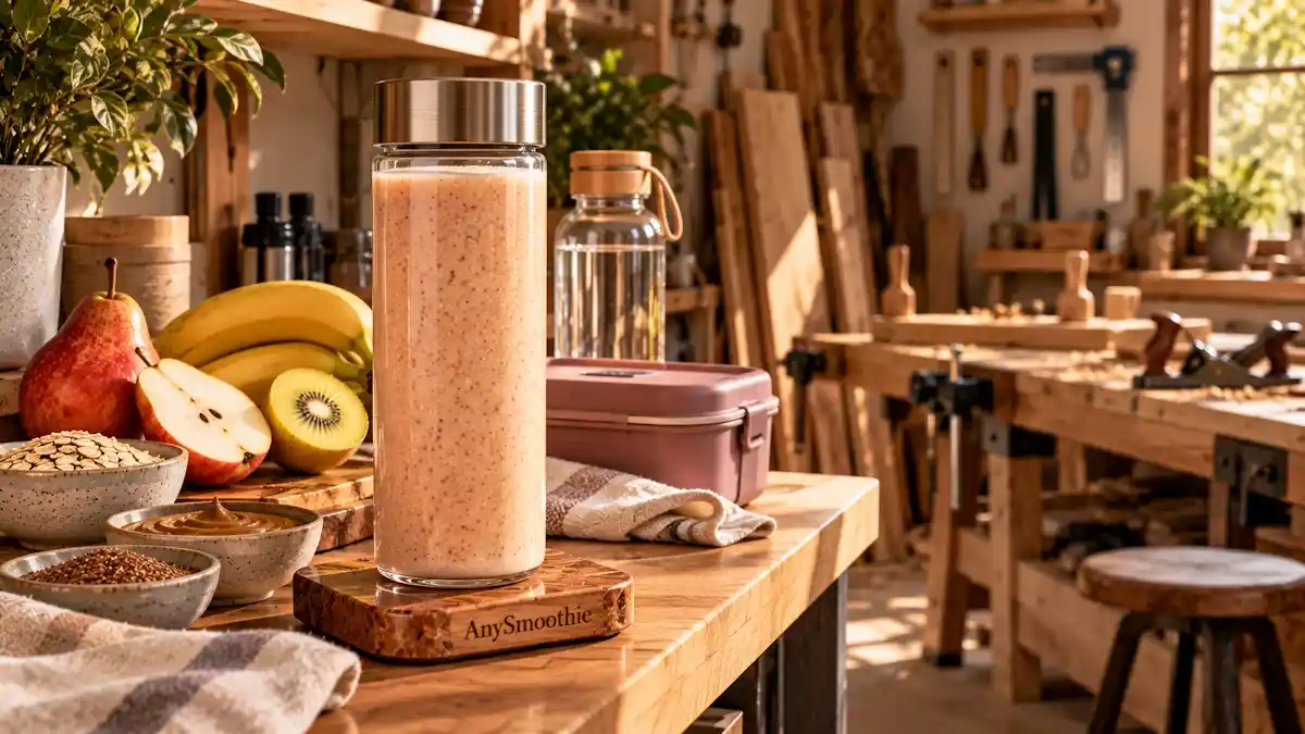 Smoothies for woodworking projects featuring a creamy red pear, banana, golden kiwi, oat, Greek yogurt, almond butter, and flaxseed smoothie in an organized woodworking studio.