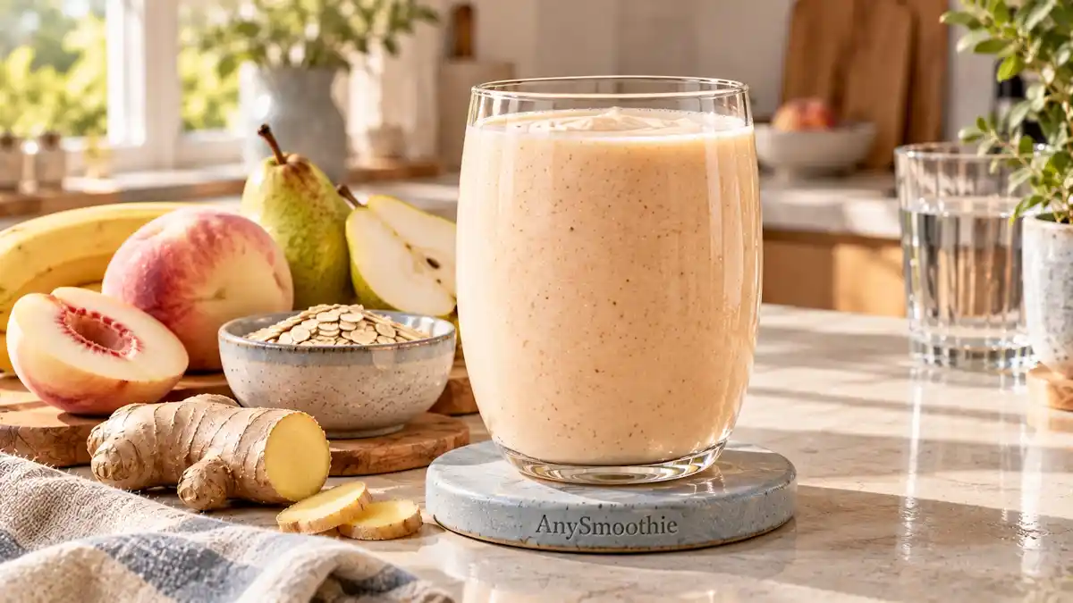 Smoothies to ease nausea featuring a light banana, pear, white peach, Greek yogurt, finely milled oats, and fresh ginger smoothie in a calm contemporary kitchen.