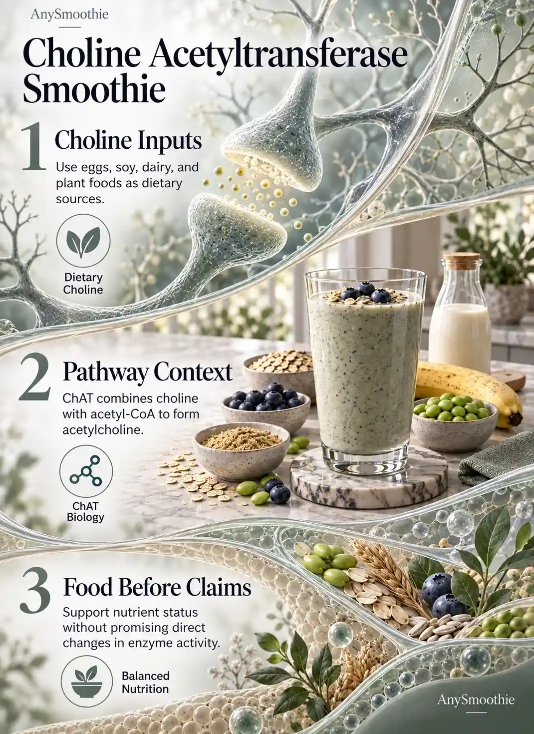 Smoothies to optimize choline acetyltransferase infographic featuring soy milk, banana, edamame, oats, wheat germ, sunflower seed butter, and blueberry.
