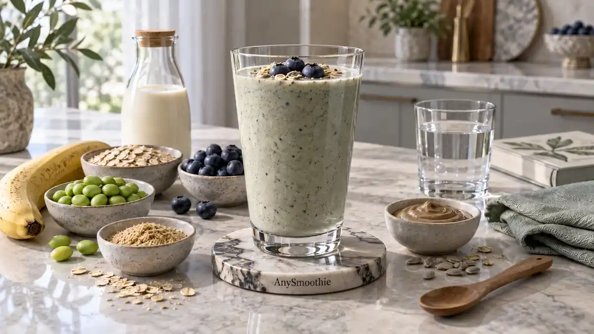 Soy milk, banana, edamame, oats, wheat germ, sunflower seed butter, and blueberry smoothie for smoothies to optimize choline acetyltransferase.