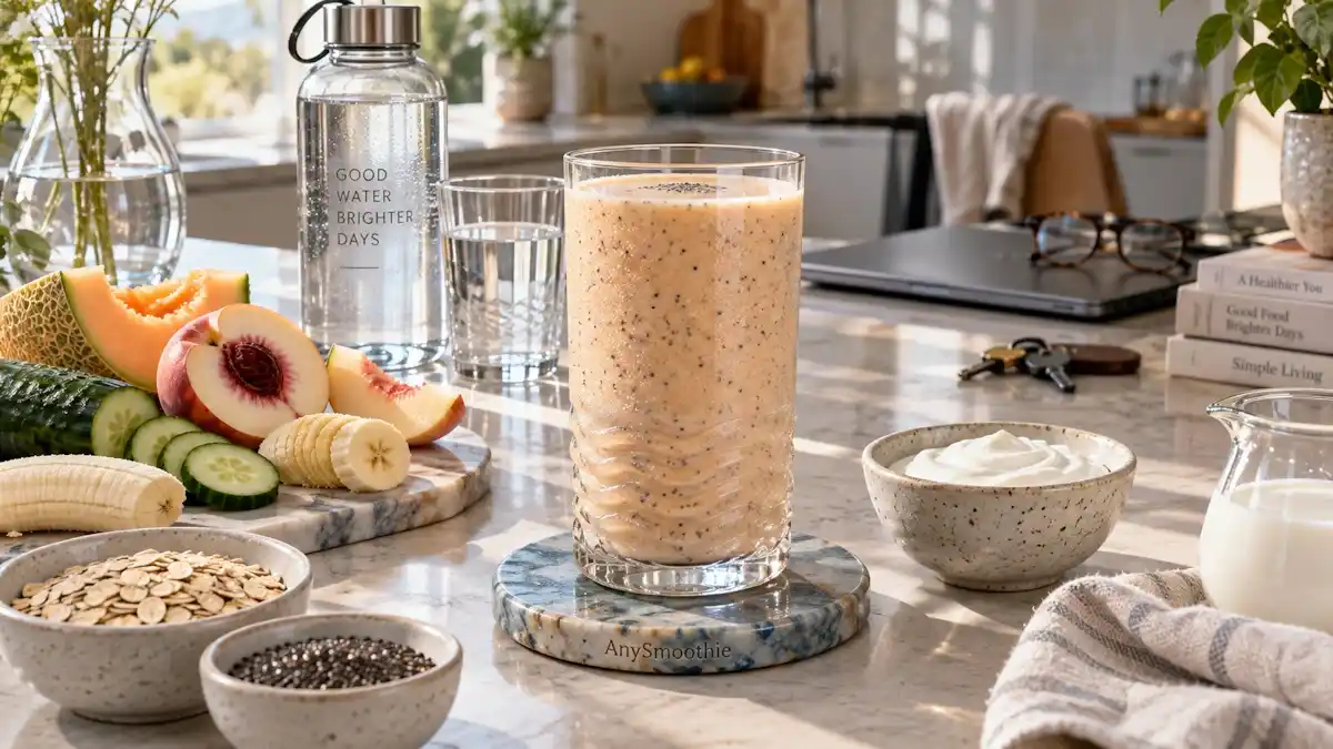 White nectarine, cantaloupe, cucumber, banana, oats, skyr, chia seed, and milk smoothie for smoothies when you forgot to hydrate.