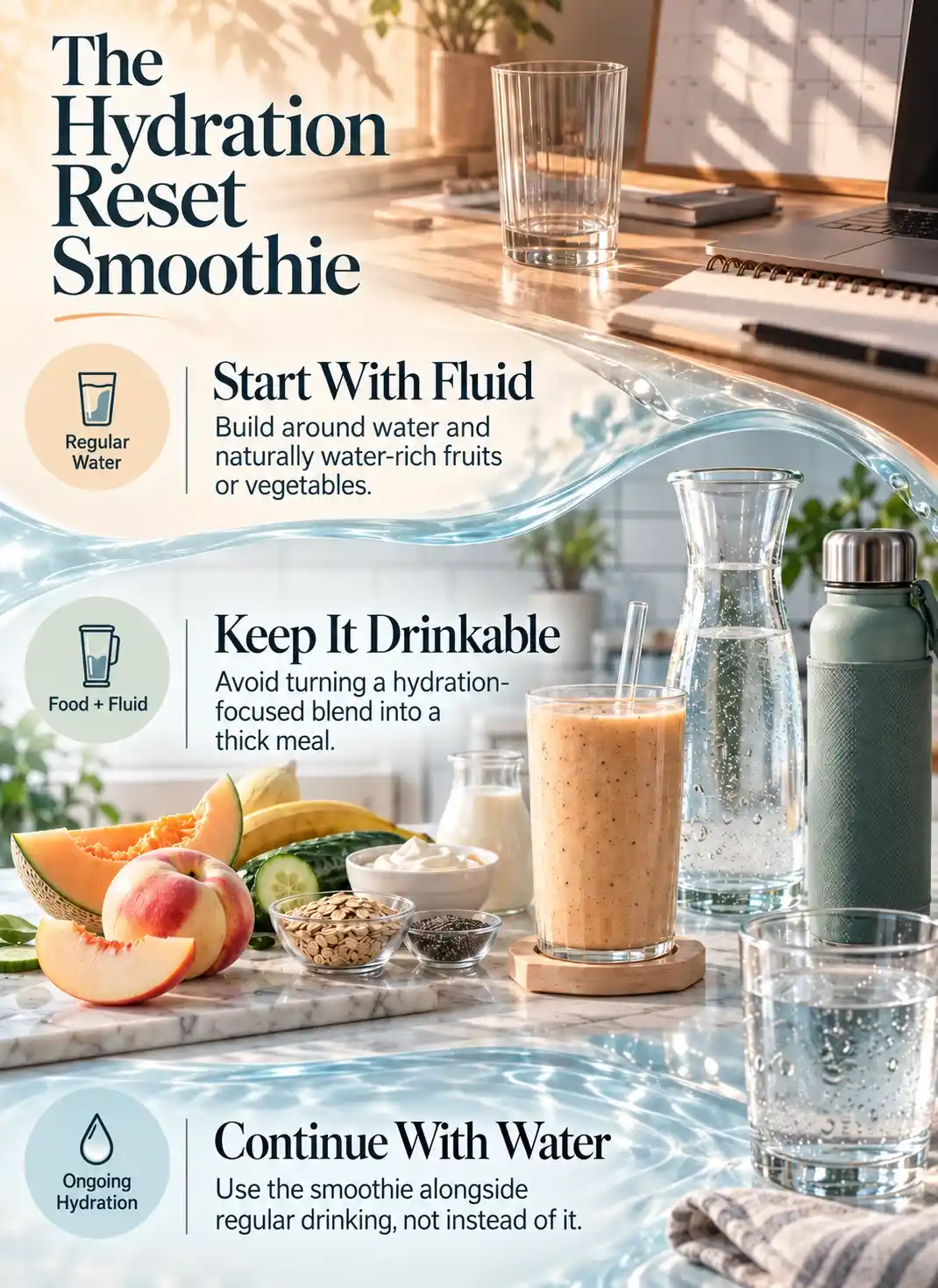 Smoothies when you forgot to hydrate infographic featuring white nectarine, cantaloupe, cucumber, banana, oats, skyr, chia seeds, and milk.