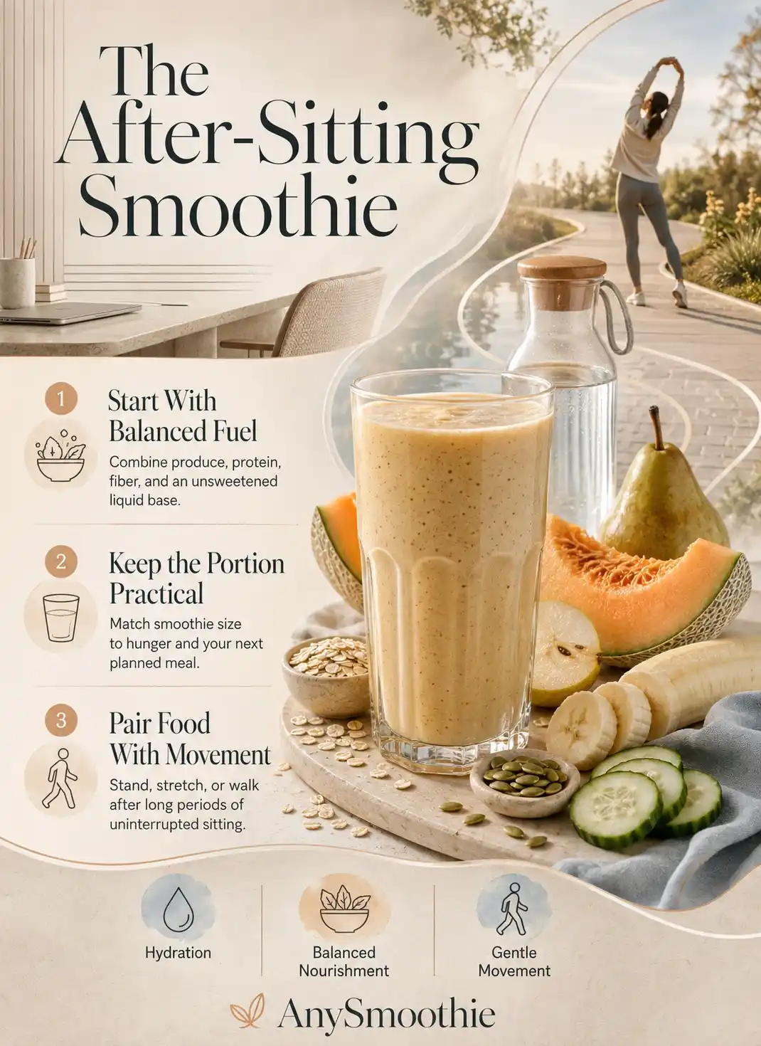 The After-Sitting Smoothie infographic for smoothies after a long period of sitting, featuring hydration, balanced nourishment, practical portions, and gentle movement.