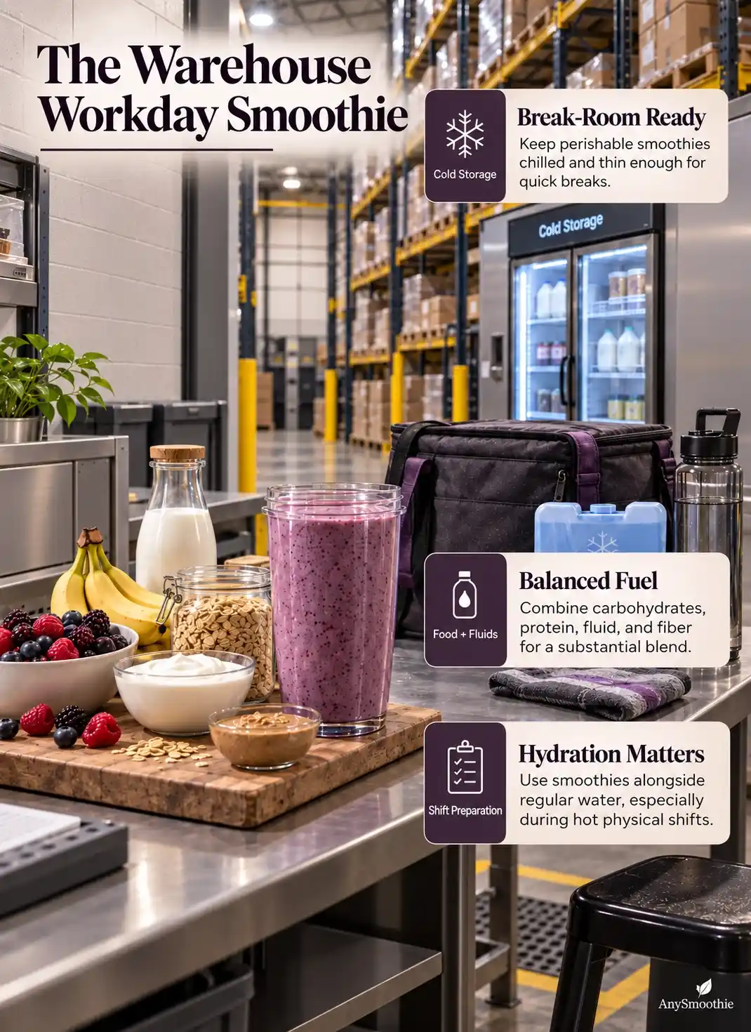 Workday smoothies for warehouse workers infographic with a berry smoothie, oats, banana, yogurt, hydration essentials, and cold-storage tips in a warehouse break area.
