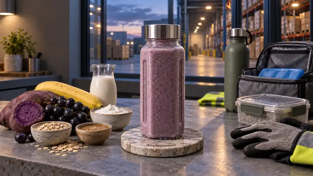 Portable purple sweet potato, banana, black grape, oat, Greek yogurt, sesame butter, and milk smoothie for workday smoothies for warehouse workers.