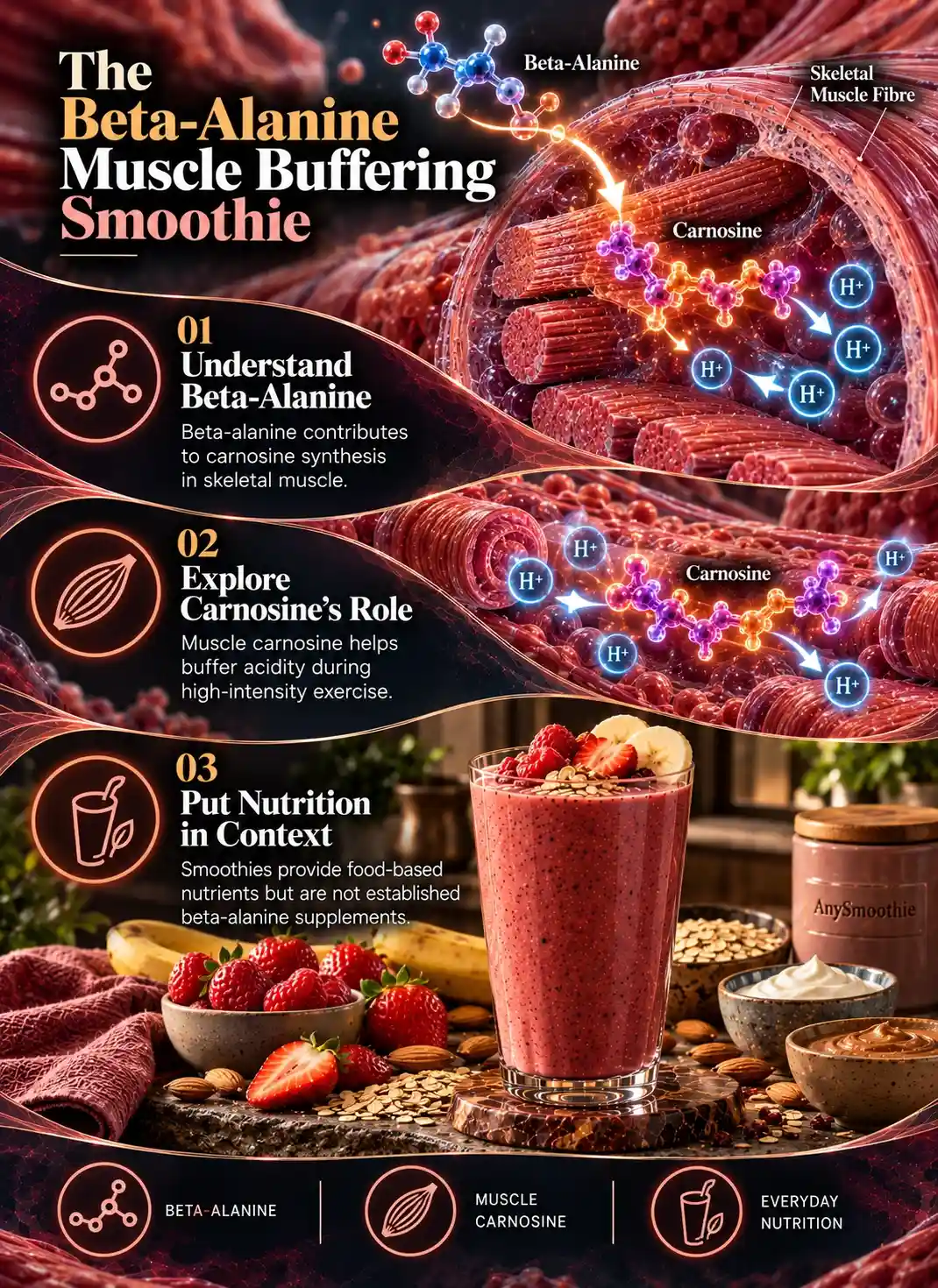 Beta alanine smoothies for muscle buffering infographic explaining beta-alanine, muscle carnosine, acidity buffering, and everyday nutrition.