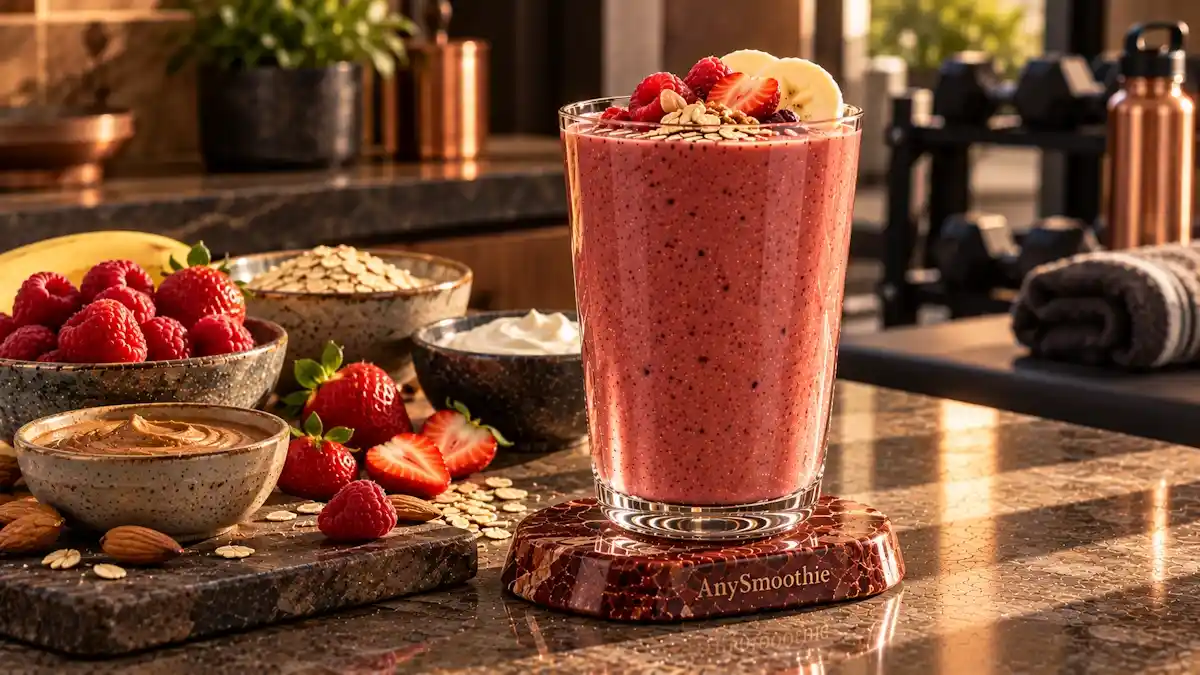 Beta alanine smoothies for muscle buffering featuring a deep raspberry-coral smoothie made with raspberries, strawberries, banana, Greek yogurt, oats, and almond butter
