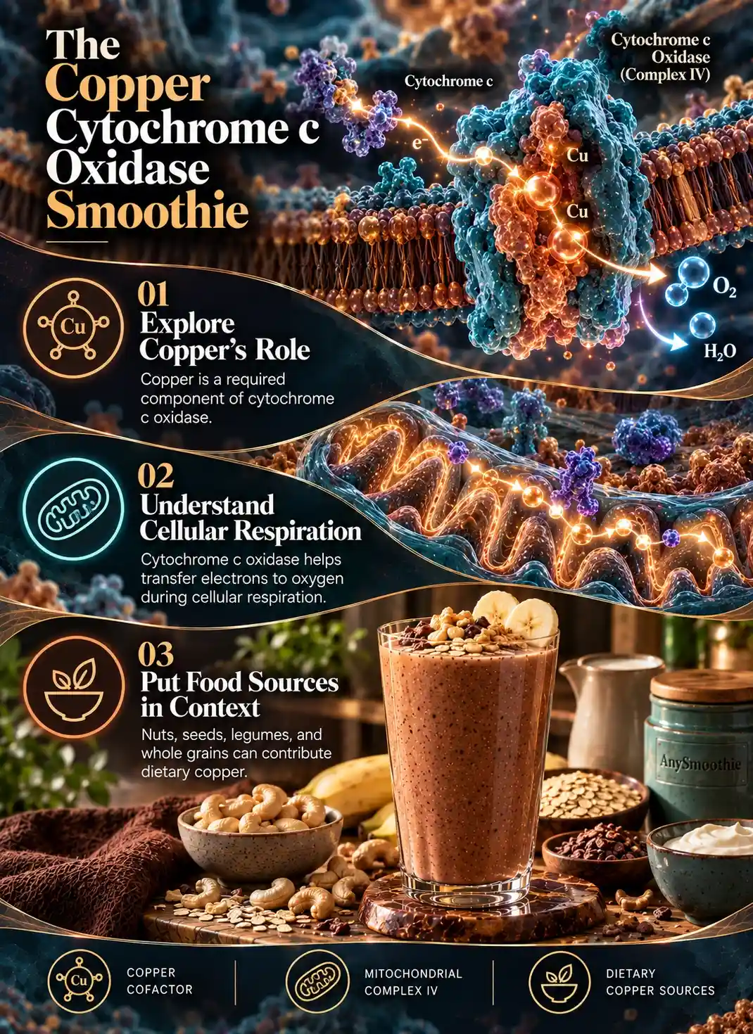 Copper rich smoothies for cytochrome c oxidase infographic explaining copper’s role, mitochondrial Complex IV, cellular respiration, and dietary copper sources.