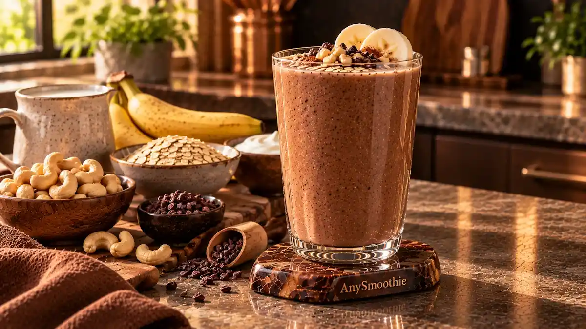 Copper rich smoothies for cytochrome c oxidase featuring a warm cocoa-hazelnut smoothie made with soy milk, banana, oats, cashew butter, Greek yogurt, and unsweetened cacao.