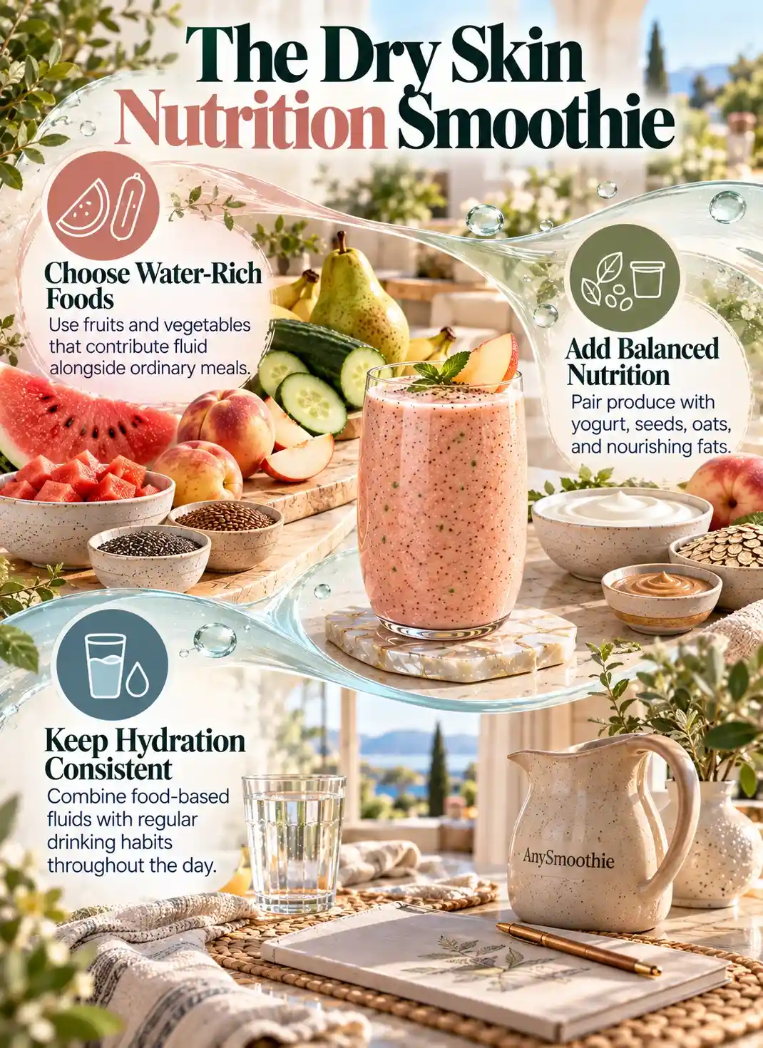 Hydrating smoothies for dry skin nutrition infographic featuring water-rich fruits and vegetables, balanced whole foods, regular fluids, and a fresh watermelon-peach smoothie.