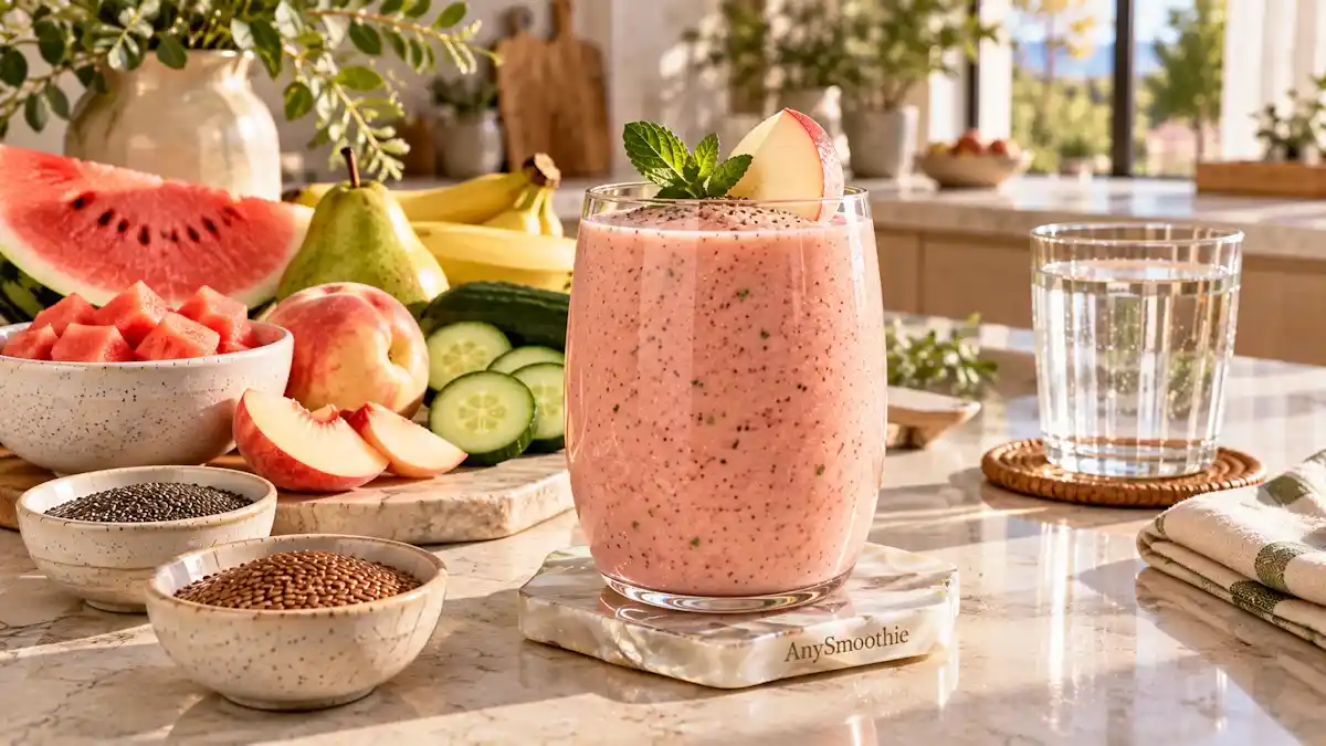 Hydrating smoothies for dry skin nutrition featuring a watermelon, white peach, cucumber, pear, banana, Greek yogurt, chia seed, and flaxseed smoothie in a luminous contemporary kitchen.