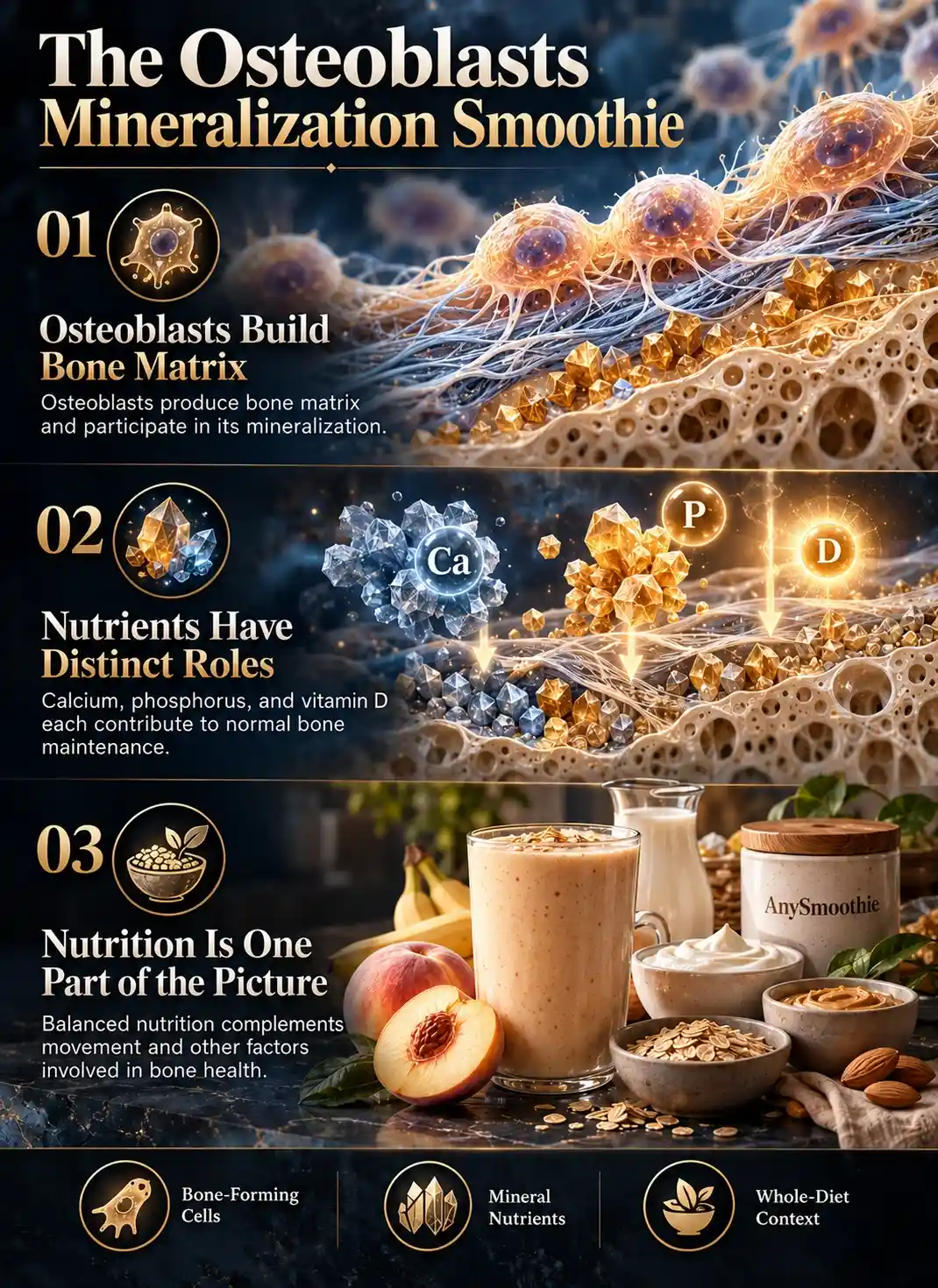 Premium scientific infographic about Smoothies Supporting Osteoblast Mineralization, illustrating bone-forming osteoblast cells, collagen matrix, mineral deposits, calcium, phosphorus, vitamin D, and a nutrient-rich smoothie made with fortified soy milk, Greek yogurt, white peach, banana, oats, and almond butter.