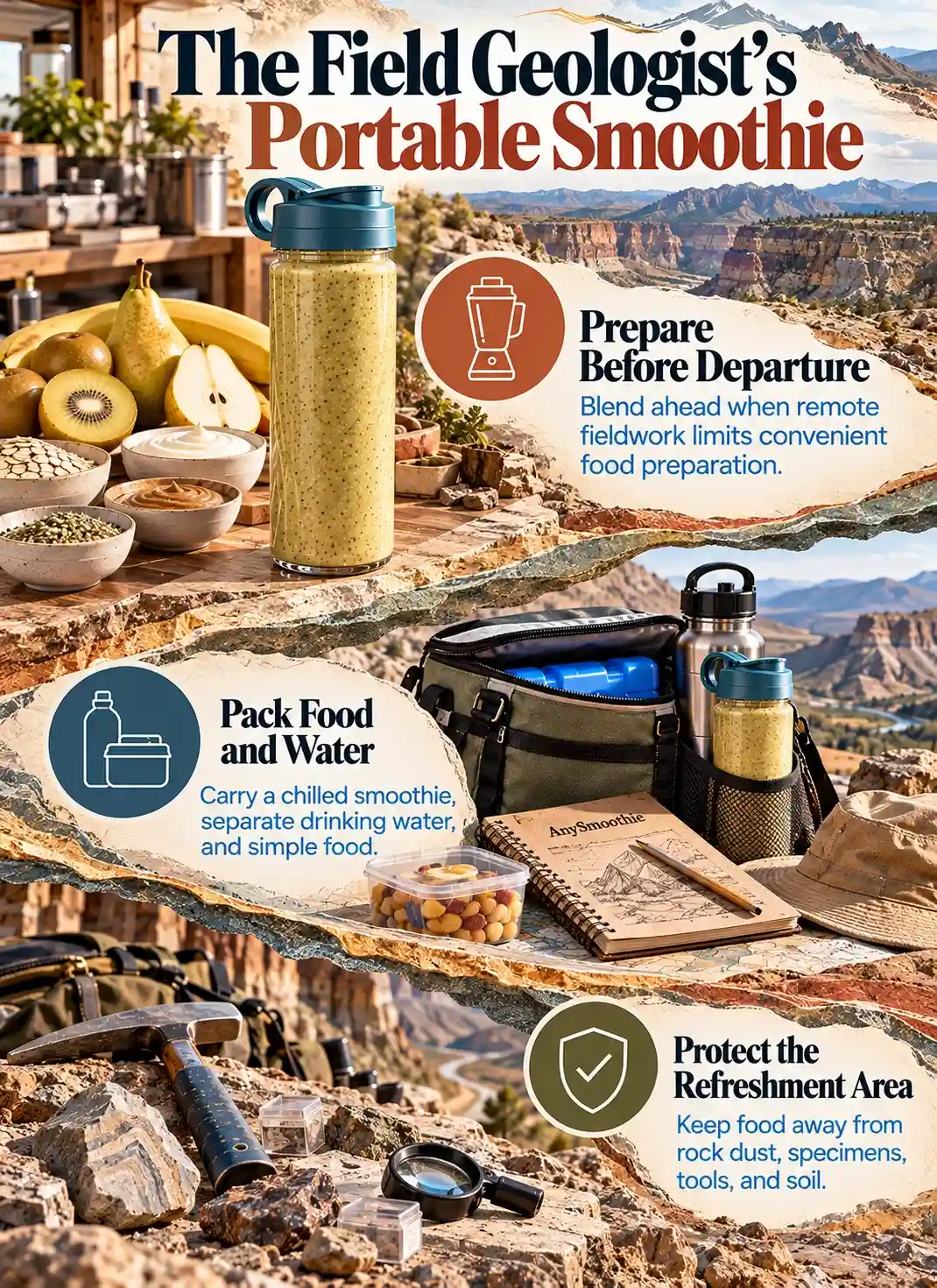 Portable smoothies for field geologists infographic showing field-station preparation, chilled food and water packing, and separation from rock dust, specimens, tools, and soil.