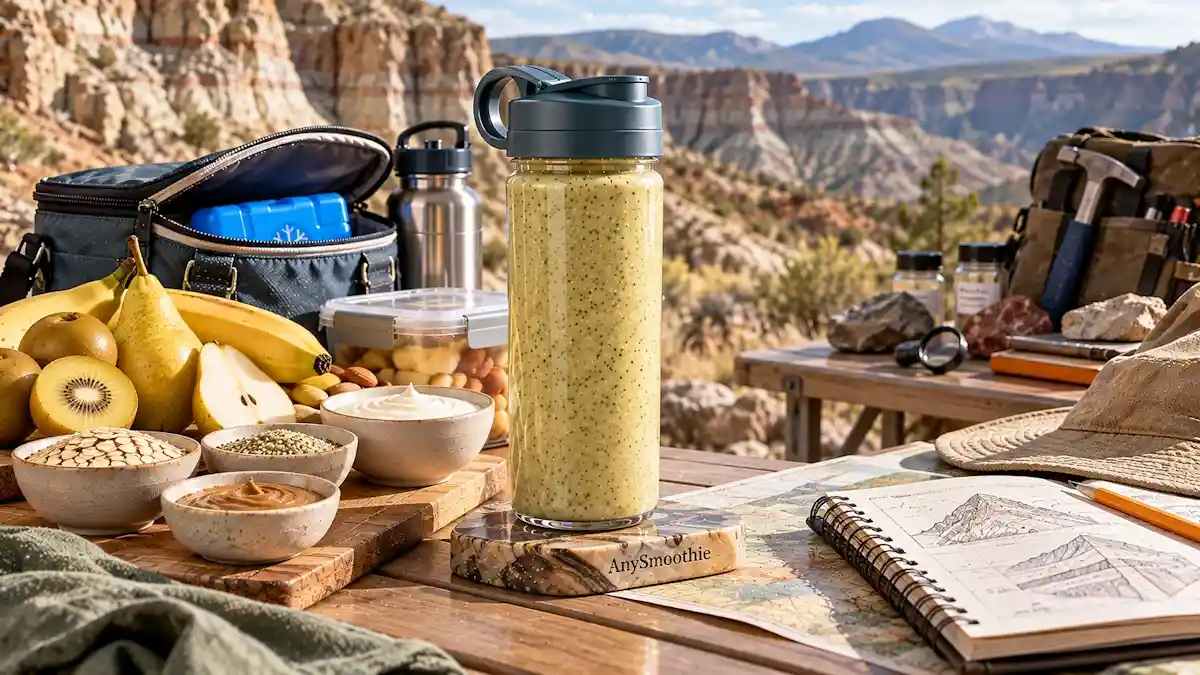 Portable smoothies for field geologists featuring a muted golden-lime smoothie made with golden kiwi, yellow pear, banana, oats, Greek yogurt, almond butter, and hemp seeds in a geological fieldwork setting.