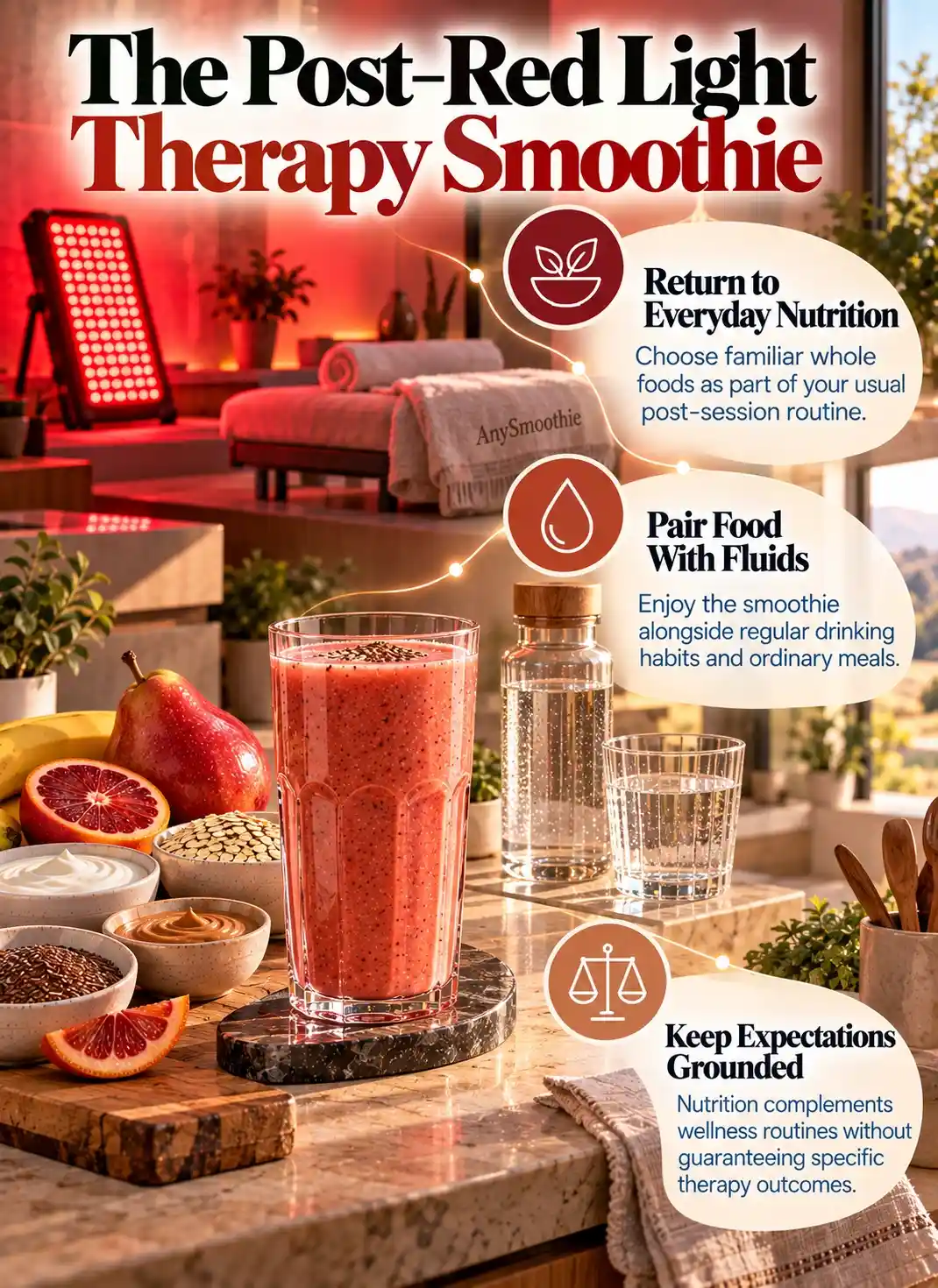 Smoothies after red light therapy infographic featuring whole-food nutrition, regular fluids, and balanced expectations in a warm wellness setting.