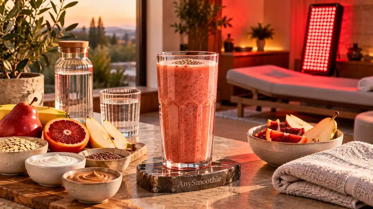 Smoothies after red light therapy featuring a ruby-coral red pear, blood orange, banana, oat, Greek yogurt, almond butter, and flaxseed smoothie in a serene wellness setting.