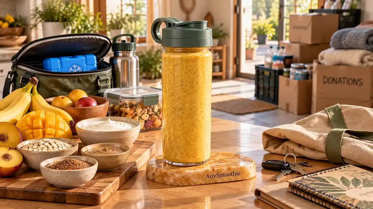 Smoothies before a day of volunteering featuring a soft marigold-gold smoothie made with mango, yellow plum, banana, oats, Greek yogurt, tahini, and ground flaxseed.