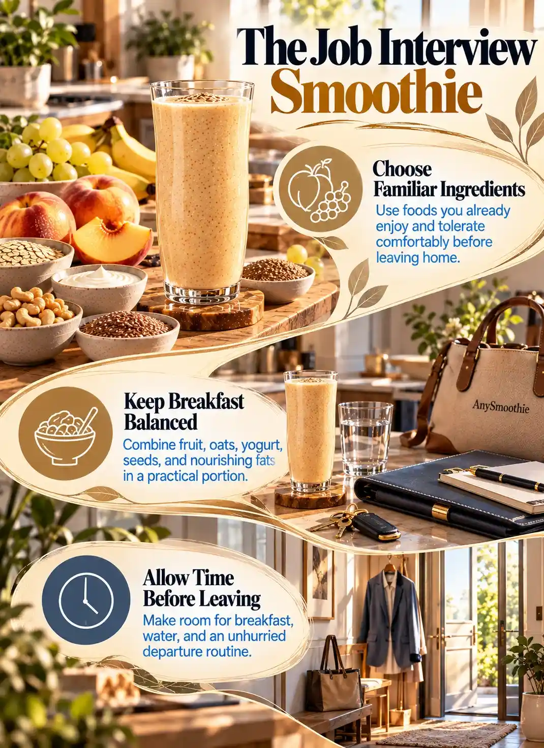 Smoothies before a job interview infographic showing familiar ingredients, a balanced breakfast, and a relaxed morning routine before leaving home.