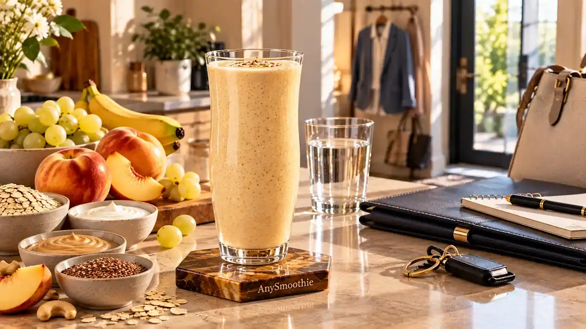 Smoothies before a job interview featuring a soft champagne-gold smoothie made with yellow peach, white grapes, banana, oats, Greek yogurt, cashew butter, and flaxseed.